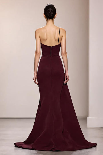 Burgundy Satin A Line Long Formal Dress with Slit